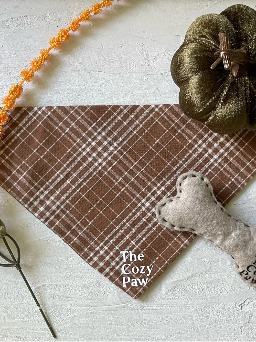 Hand Crafted Brown Plaid Dog Bandana with Cream Bone Toy